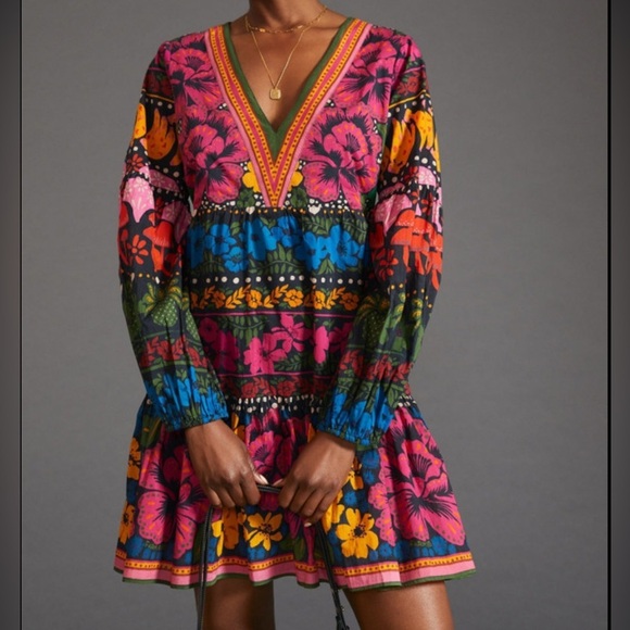 NWT FARM Rio Embellished Pink and Blue Bishop Sleeve Sundress 100% Cotton XS - Picture 1 of 16